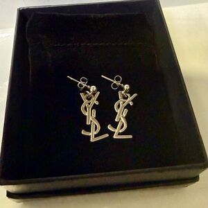 Yves Saint Laurent YSL Silver Tone Logo Drop Earrings